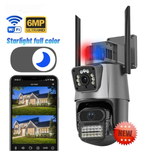 Caméra de Surveillance Alarme WiFi Double Objectif 6MP 4K PTZ 360° iCSee caméra de surveillance alarme wifi double objectif 2 lens 6mp 4k ptz 360° mipvision icsee, détection de mouvement ai