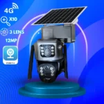 caméra de surveillance solaire ptz 4g 3 lens 12mp zoom x10 v380 pro, détection ai, vision nocturne couleur
