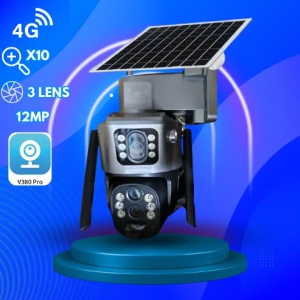 caméra de surveillance solaire ptz 4g 3 lens 12mp zoom x10 v380 pro, détection ai, vision nocturne couleur