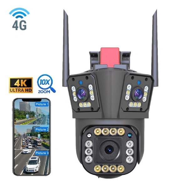 Caméra de Surveillance Solaire PTZ 4G 3 Lens 15MP 4K Zoom X10 V380 Pro caméra de surveillance solaire ptz 4g 3 lens 15mp 4k v380 pro, détection ai, vision nocturne couleur