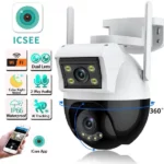 caméra de surveillance wifi double objectif 2 lens ptz 360° 4mp 2k icsee, alexa, suivi humain, détection de mouvement ai