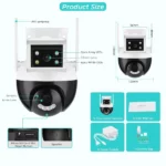 caméra de surveillance wifi double objectif 2 lens ptz 360° 4mp 2k icsee, alexa, suivi humain, détection de mouvement ai