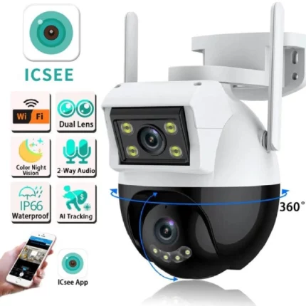 caméra de surveillance wifi double objectif 2 lens ptz 360° 4mp 2k icsee, alexa, suivi humain, détection de mouvement ai
