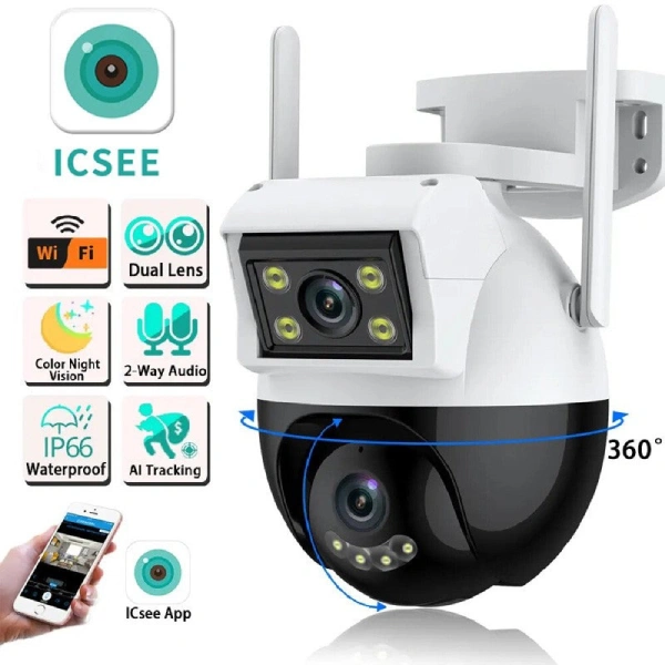 Caméra de Surveillance WiFi Double Objectif PTZ 4MP 2K iCSee avec Détection AI caméra de surveillance wifi double objectif 2 lens ptz 360° 4mp 2k icsee, alexa, suivi humain, détection de mouvement ai