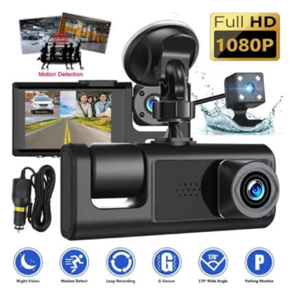 dashcam caméra de tableau de bord voiture 3 lens 1080p full hd 360° wifi, vision nocturne, capteur de mouvement