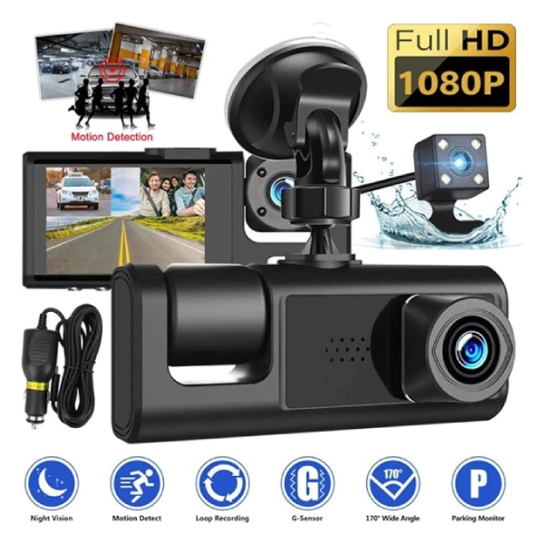 Dashcam Caméra de Voiture 3 Lens 1080P Full HD WiFi et Vision Nocturne (1) dashcam caméra de tableau de bord voiture 3 lens 1080p full hd 360° wifi, vision nocturne, capteur de mouvement