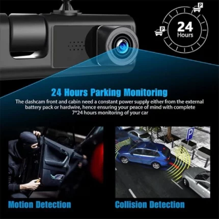 dashcam caméra de tableau de bord voiture 3 lens 1080p full hd 360° wifi, vision nocturne, capteur de mouvement