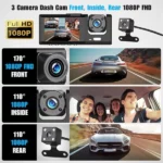 dashcam caméra de tableau de bord voiture 3 lens 1080p full hd 360° wifi, vision nocturne, capteur de mouvement