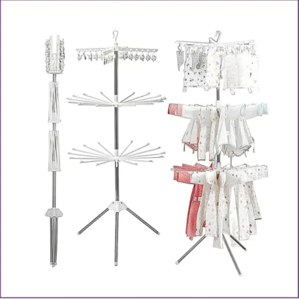 étendoir sèche-linge vertical à 3 niveaux rotatif 360° avec pinces VENTDOUCE, hauteur extensible 1.7m