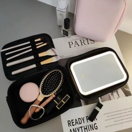 trousse de maquillage de voyage vanity avec miroir lumineux led noir