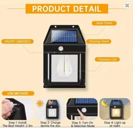 applique lampe solaire led tungstène vintage intelligent avec détecteur de mouvement