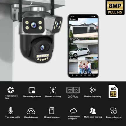 caméra de surveillance extérieure intelligente 4g ptz 360° 3 lens objectifs 8mp 4k v380 pro, détection ai, vision nocturne couleur, zoom x10