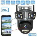 caméra de surveillance extérieure intelligente 4g ptz 360° 3 lens objectifs 8mp 4k v380 pro, détection ai, vision nocturne couleur, zoom x10