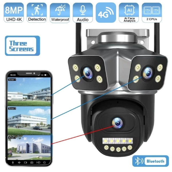 Caméra de Surveillance 4G PTZ 360° 3 Lens 8MP 4K V380 Pro (9) caméra de surveillance extérieure intelligente 4g ptz 360° 3 lens objectifs 8mp 4k v380 pro, détection ai, vision nocturne couleur, zoom x10