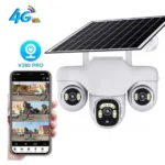 caméra de surveillance extérieure solaire 4g triple objectif ultra hd 15mp v380 pro zoom x10, détection de mouvement ai, vision nocturne couleur