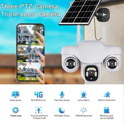 caméra de surveillance extérieure solaire 4g triple objectif ultra hd 15mp v380 pro zoom x10, détection de mouvement ai, vision nocturne couleur
