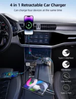 chargeur adaptateur de voiture multifonction 4en1 ultra rapide 120w afficheur LED avec câbles rétractables