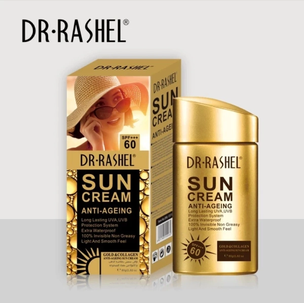 Crème Solaire Dr. Rashel SPF60+++ – Anti-Âge, Or & Collagène crème solaire dr rashel spf60+ anti-age collagène or, vitamine b3, acide hyaluronique