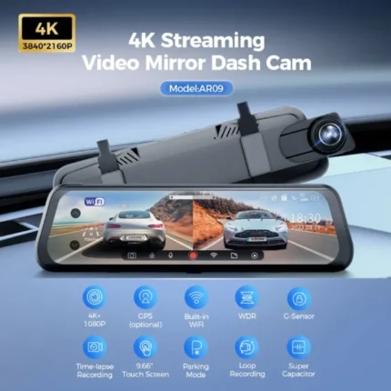 azdome ar09 dashcam caméra de voiture rétroviseur miroir écran tactile lcd 10" 4k full hd wifi
