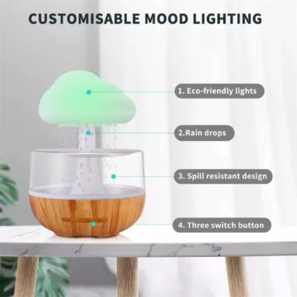 diffuseur d'huiles essentielles humidificateur nuage champignon de pluie veilleuse 7 couleurs led