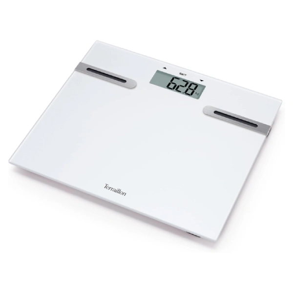 pèse-personne impédancemètre tracker terraillon plateau verre, analyse composition corporelle, capacité 150 kg