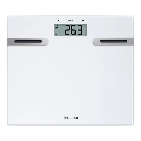 pèse-personne impédancemètre tracker terraillon plateau verre, analyse composition corporelle, capacité 150 kg