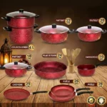 batterie de cuisine 19 pièces cookart big chief granite rouge, 14 pièces + 5 ustensiles en bambou