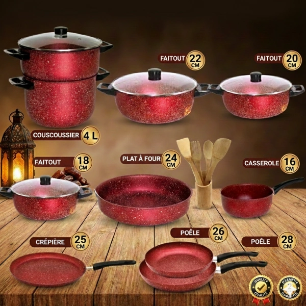 Batterie de Cuisine 19 Pièces CookArt Big Chief Granite – Rouge batterie de cuisine 19 pièces cookart big chief granite rouge, 14 pièces + 5 ustensiles en bambou