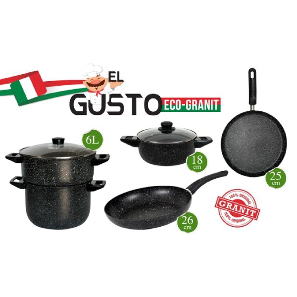 batterie de cuisine 7 pièces granite noir el gusto cookart