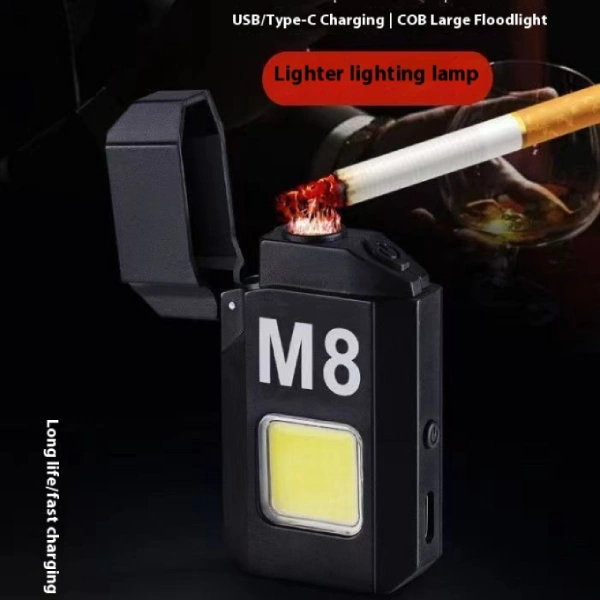 briquet électrique rechargeable multifonctionnel arc m8 dh6002 noir en aluminium avec torche lampe cob