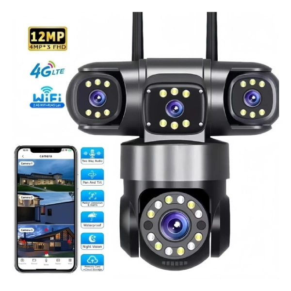 caméra de surveillance 4g ptz 360° 12mp ultra hd 3 objectifs zoom x16 v380 pro, détection analyse ai