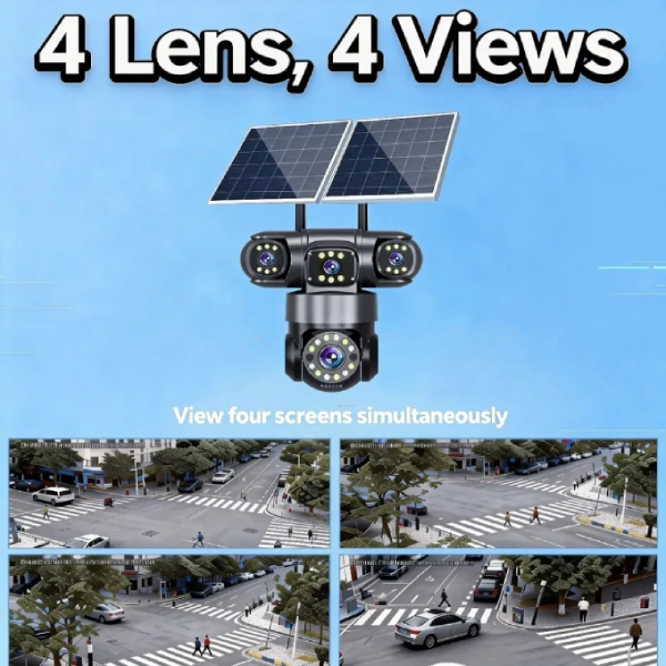 caméra de surveillance solaire 4g ptz 360° 12mp ultra hd 4K 4 objectifs lens hieasy + 2 panneaux solaires, détection ai, détection ir, vision nocturne couleur