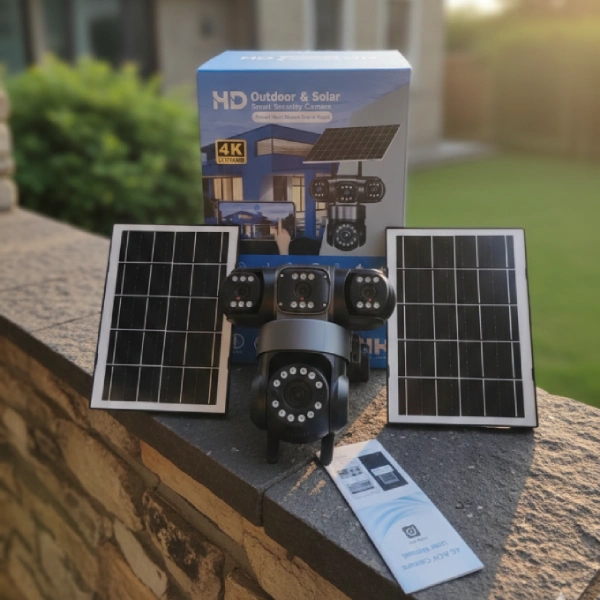 caméra de surveillance solaire 4g ptz 360° 12mp ultra hd 4K 4 objectifs lens hieasy + 2 panneaux solaires, détection ai, détection ir, vision nocturne couleur