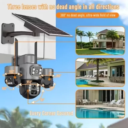 caméra de surveillance solaire 4g 5g 9mp ultra hd 6k 3 objectifs lens v380 pro, détection ai, détection ir, vision nocturne couleur