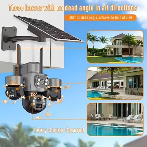 caméra de surveillance solaire 4g 5g 9mp ultra hd 6k 3 objectifs lens v380 pro, détection ai, détection ir, vision nocturne couleur