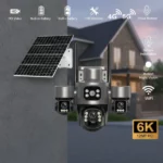 caméra de surveillance solaire 4g 5g 9mp ultra hd 6k 3 objectifs lens v380 pro, détection ai, détection ir, vision nocturne couleur