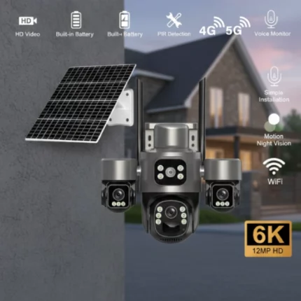 caméra de surveillance solaire 4g 5g 9mp ultra hd 6k 3 objectifs lens v380 pro, détection ai, détection ir, vision nocturne couleur
