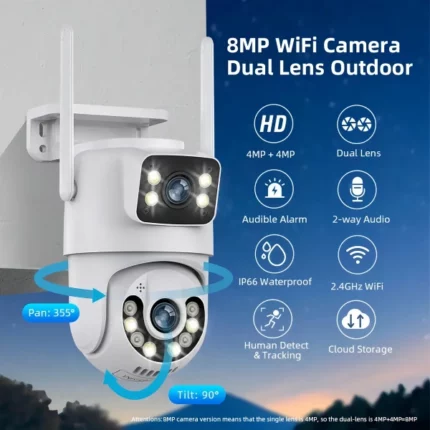 caméra de surveillance wifi ptz double objectif lens 8mp full hd jortan jt9697, vision nocturne, détection de mouvement intelligente ai