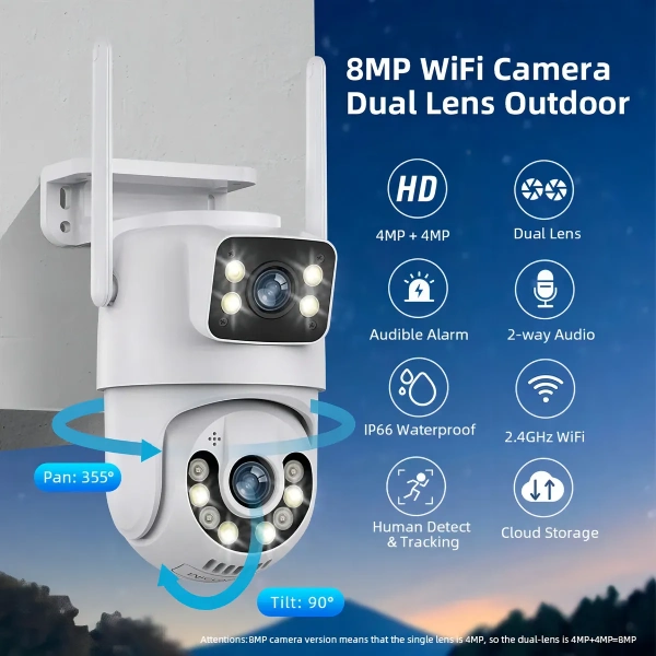 caméra de surveillance wifi ptz double objectif lens 8mp full hd jortan jt9697, vision nocturne, détection de mouvement intelligente ai