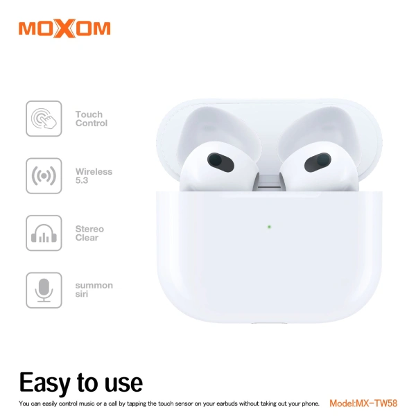 moxom mx-tw58 écouteurs sans fil earbuds bluetooth 5.3 son spatial blanc