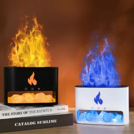 humidificateur diffuseur d'arômes huiles 3en1 effet flamme colorée en pierre cristaux de sel