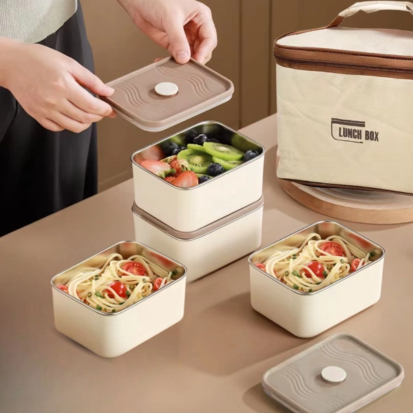 pack 4 boîtes lunch box inox 600ml avec sac isotherme rectangulaire