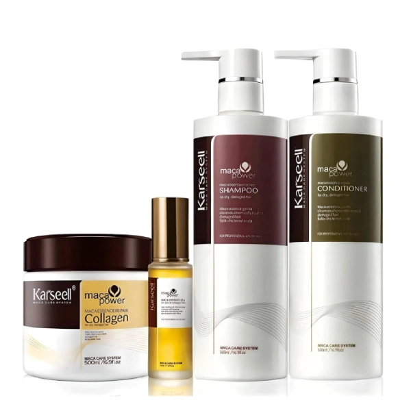 pack de soins capillaire réparation cheveux karseell, shampooing, après-shampooing, masque collagène, huile d'argan & maca