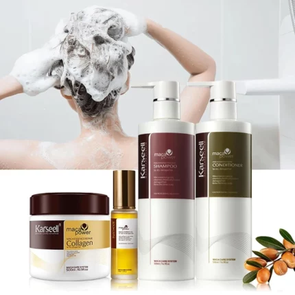 pack de soins capillaire réparation cheveux karseell, shampooing, après-shampooing, masque collagène, huile d'argan & maca