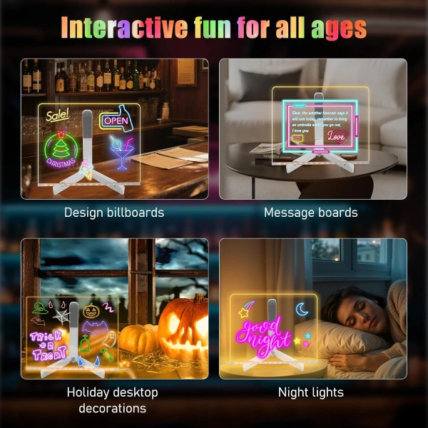 Tableau LED Rechargeable 41 Cm – 9 Modes Lumineux, Minuterie, Support, Feutres Inclus, Effaçable à Sec, Pour Enfants Et Ados