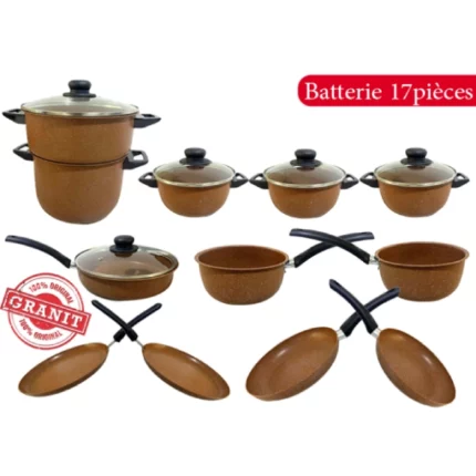 batterie de cuisine 17 pièces granite aluminium forgé marron cookart