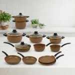 batterie de cuisine 17 pièces granite aluminium forgé marron cookart