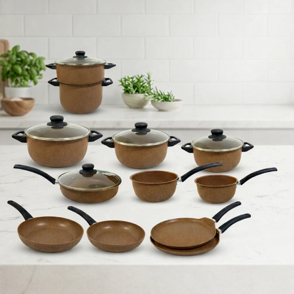 batterie de cuisine 17 pièces granite aluminium forgé marron cookart