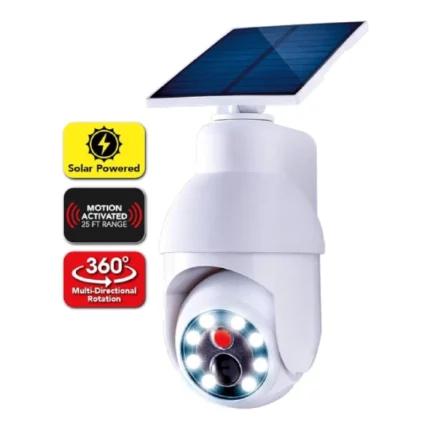 lampe solaire caméra de sécurité led 360° à détecteur de mouvement ontel handy brite security, ressemble à une caméra de surveillance