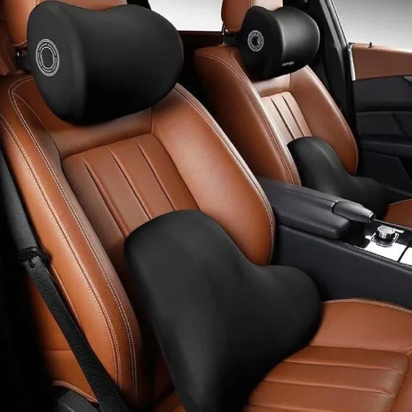 pack ensemble housse coussin de soutien lombaire et cervical à mémoire de forme confort pour siège de voiture noir